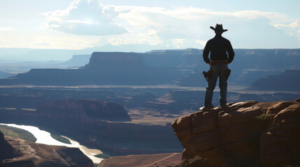 A man in a cowboy hat stands on a rocky hill overlooking a desert - Powered by Adobe
