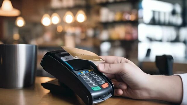 Person holds credit card over modern payment terminal in cozy caf&eacute;. The atmosphere is warm, with soft lighting, blurred background creating seamless transaction experience in a bustling urban setting.