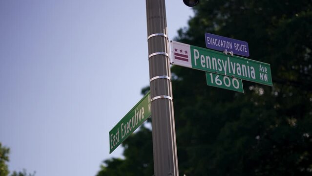 Street sign, 1600 Pennsylvania Avenue, NW, Washington DC address for the White House, President of the United States.