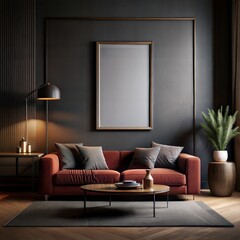 A living room with a red couch, a coffee table, and a potted plant