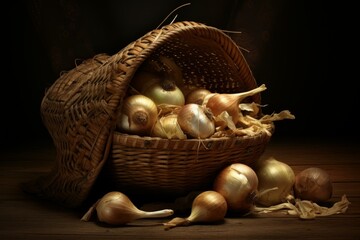 Golden onions spill from an overturned wicker basket in a moody, rustic setting