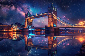 The Tower Bridge illuminated at night with reflections on the River Thames and a starry sky