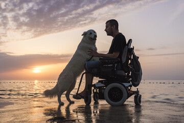 Man in a wheelchair and his dog sitting on a dock and enjoying a stunning sunset over the open sea....