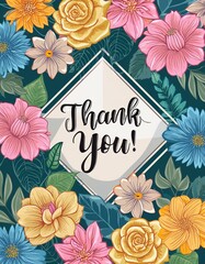 Thank You Message - Hand Lettering of Thankful Card or Gift Card for Print - Social Post for Appreciation - Decorated with Flowers and Leaves