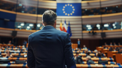 A man stands in front of a large audience in a room with a flag behind him