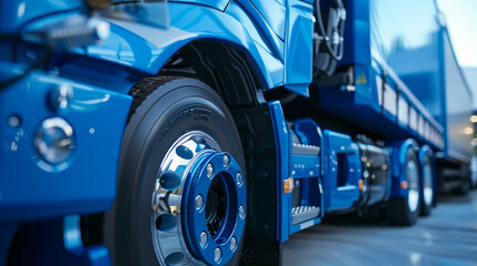 A blue semi truck with a large blue wheel