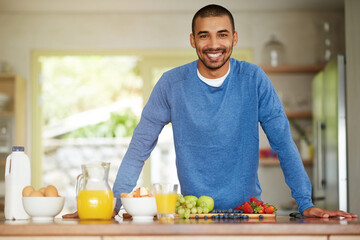 Man, portrait and healthy fruit for breakfast nutrition or meal prep as gut health, wellness or...