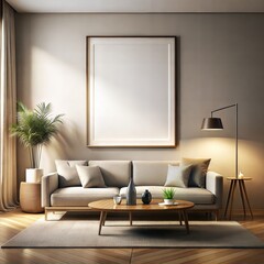 A living room with a white framed picture on the wall, a couch, a coffee table