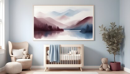 Trendy minimalist poster in white and pastel baby crib nursery