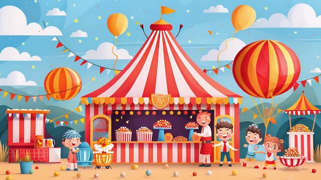 This Busy circus tent with acrobats, clowns, and audience enjoying the show.