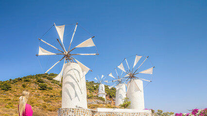 Windmills on the Lasithi Plateau, Crete, Greece.	

