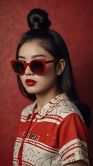 Obraz premium Potrait beautiful Retro stylefashion asian woman wearing trendy sunglasses