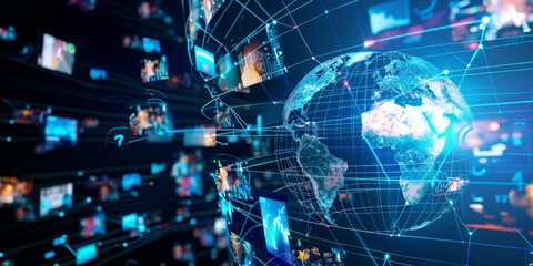 Abstract digital globe with global network connections and images of media content floating around it, representing the world's interconnectedness in modern communication technology Generative AI