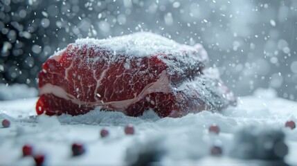 Close-up of a raw steak covered in snow-like granules, with red peppercorns scattered around it, set against a blurred background