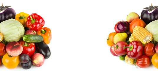 Vegetables and fruits isolated on white . Free space for text. Wide photo. Collage.