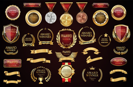 award winner luxury gold badge shield ribbon and laurel retro vintage collection