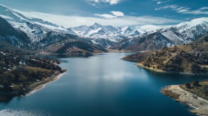 Obraz premium A beautiful mountain lake with snow on the mountains