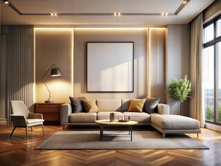A modern living room with a white wall and a large couch
