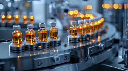 
Detailed view of a medical ampoule production line at a contemporary pharmaceutical factory in the midst of the medication manufacturing process