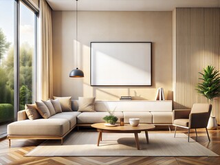 A living room with a white wall and a white couch