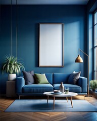 A blue couch is in a room with a white wall and a large window