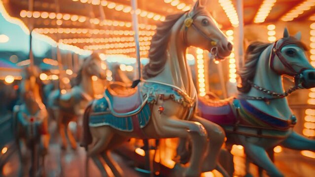 This carousel with colorful horses going up and down. Carousel With Horses Spinning