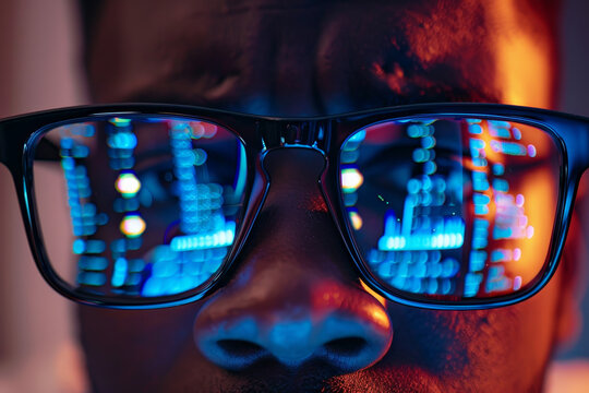 A man is wearing glasses and looking at a computer screen