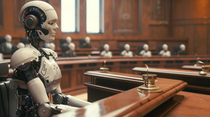 A robot is sitting at a desk in a courtroom