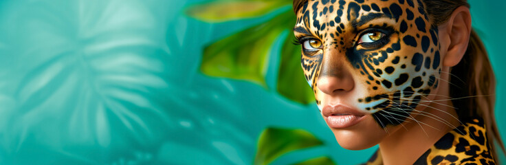 Fashion portrait of young woman adorned with jaguar or leopard print body art across her face posing against a pale blue background with tropical leaves