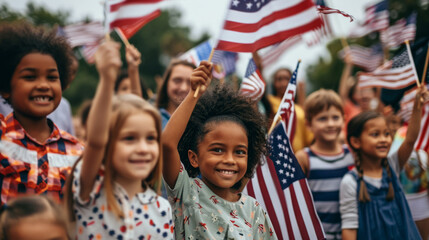 Happy children of different nationalities celebrate 4th of July by energetically waving American flags.