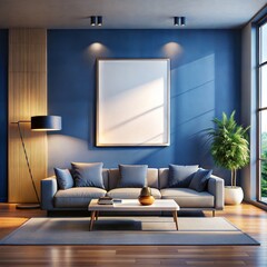 A living room with a large blue wall and a white framed picture