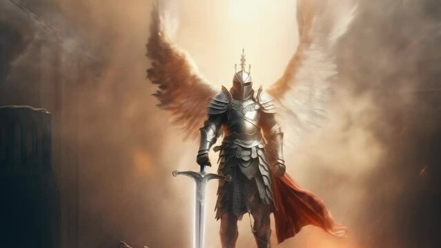 An armored angelic warrior stands tall, wings spread wide, holding a glowing sword amidst a smoky, ethereal battlefield. Radiant light shines behind, suggesting divine power. Fantasy, strength
