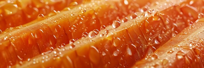 Macro shot, Extreme close-up of the carrot's surface, highlighting the intricate details and texture, with water droplets clinging to the fibers..