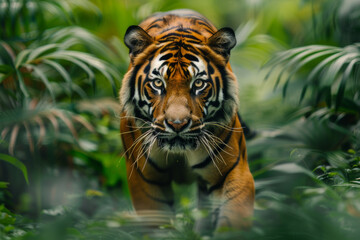 A tiger moving gracefully through dense forest vegetation, showcasing its agility and strength, surrounded by the lush greenery of a jungle environment.. AI generated.