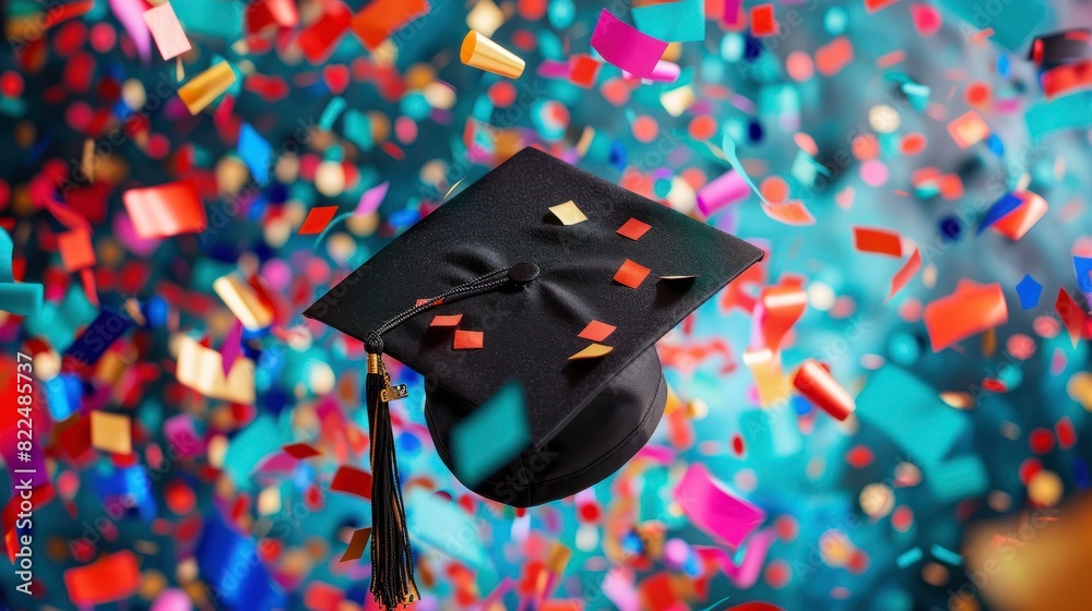 Wall mural Graduation Cap with Confetti Background, Graduation Day Concept - Wall murals