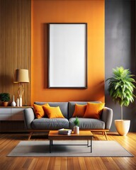 A living room with a white wall and orange accents