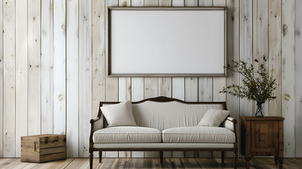 Modern Farmhouse Style in Living Room Decor. Traditional Chair and Couch Against Wall with Poster Frame.