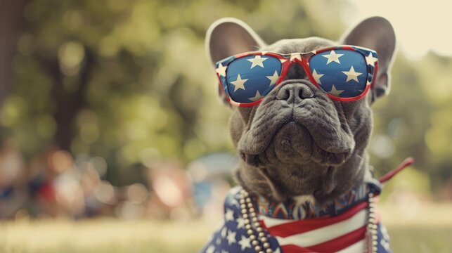 Cute french buldog wearing stars sunglasses and stars & stripes shirt