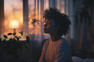 Naklejka premium A woman is sitting on a bed in a dimly lit room