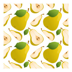 Pattern of ripe pear with green leaves and pear pieces on a white background. Seamless pattern with pears. Wrapping paper, textile, packaging, vector illustration