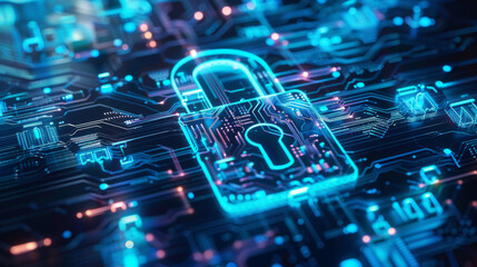 A blue and orange computer chip with a keyhole in the middle