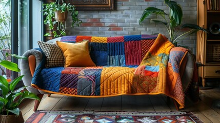 quilted patchwork blanket on sofa in modern interior brings cozy charm to living room decor, enhancing warmth in lovely home setting