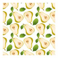 Seamless pattern from pieces of ripe pear. Seamless abstract pattern on a white background. Wrapping paper, packaging, poster, textile, vector illustration