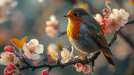 Fototapeta premium Bird on Blossoming Branch with Pink Flowers