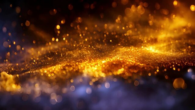 Golden glitter background with gold particles flying on black