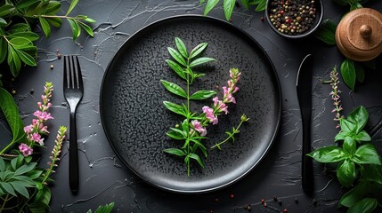 Elegant Table Setting with Dark Plate, Silverware, and Blank Leaflet, Ideal for Food Design Presentation