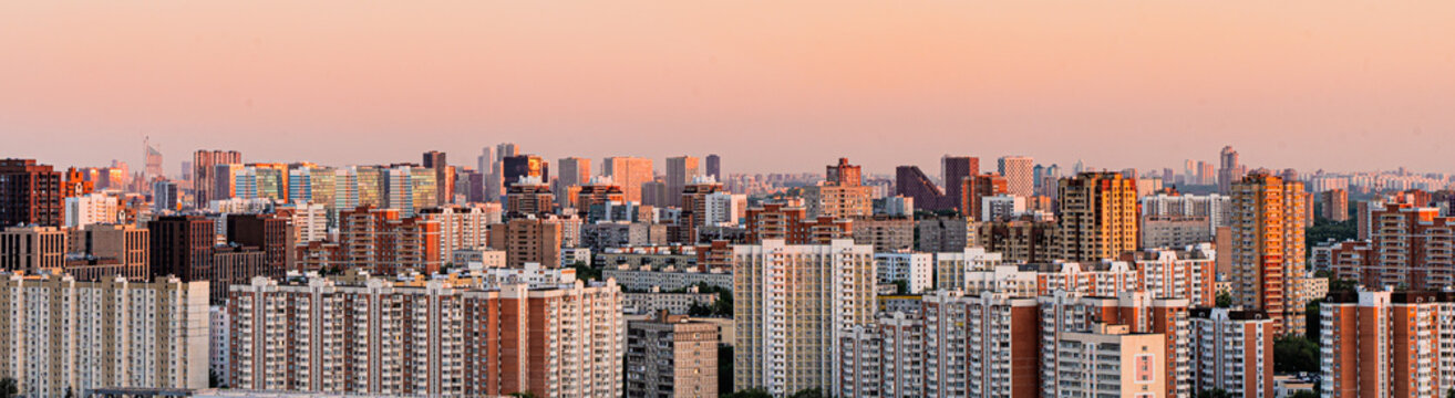 Multi-storey residential buildings from a bird's eye view, a panorama of the Moscow district. Selected focus