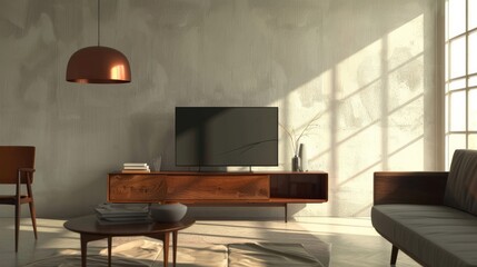 Modern TV set on table in room. Interior design --ar 16:9 Job ID: 6cb9ca1a-4d06-459d-8af8-c9a65915a4e6