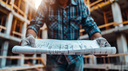 Construction worker holding blueprints at a construction site