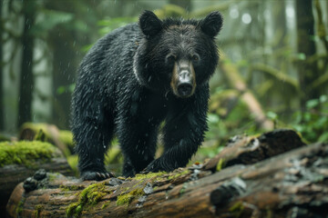 Obraz premium A bear exploring a moss-covered log in a dense forest, looking curiously at its surroundings.. AI generated.